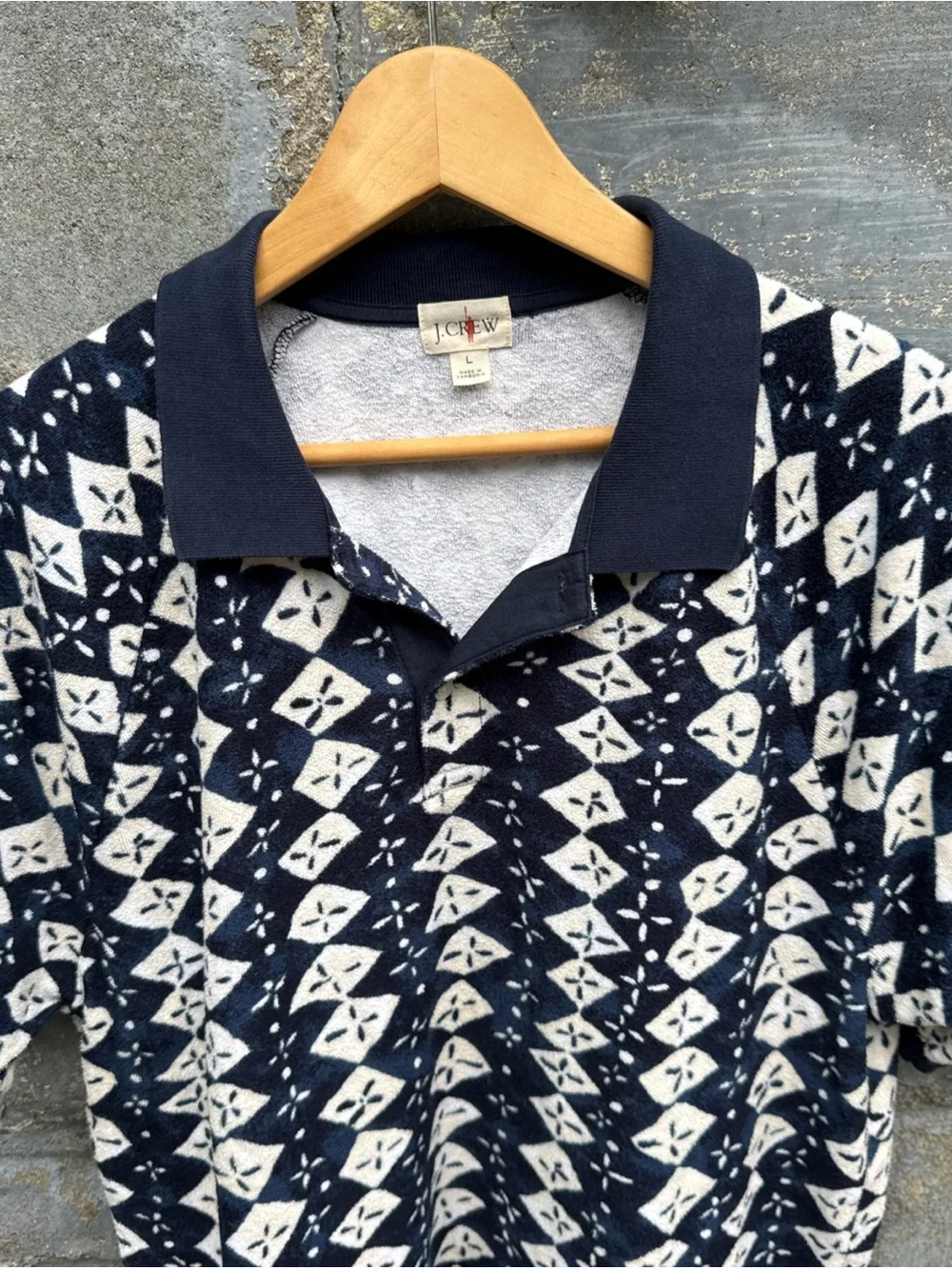 J Crew Oarsman Polo Shirt Mens L Blue White AOP Terry Cloth Towel Geometric Y2K